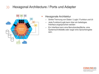  Hexagonale Architektur
– Strikte Trennung von Daten / Logik / Funktion und UI
– Jede Funktion/Logik kann über ein belieb...