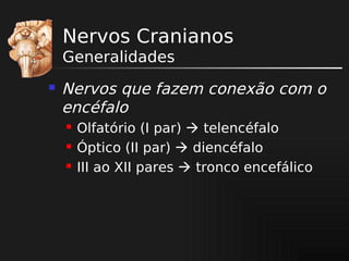 Nervos Cranianos
Generalidades


Nervos que fazem conexão com o
encéfalo




Olfatório (I par)  telencéfalo
Óptico (II par)  diencéfalo
III ao XII pares  tronco encefálico

 