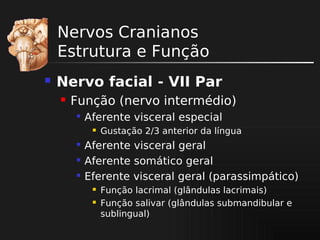 Nervos Cranianos
Estrutura e Função


Nervo facial - VII Par


Função (nervo intermédio)


Aferente visceral especial






Gustação 2/3 anterior da língua

Aferente visceral geral
Aferente somático geral
Eferente visceral geral (parassimpático)



Função lacrimal (glândulas lacrimais)
Função salivar (glândulas submandibular e
sublingual)

 