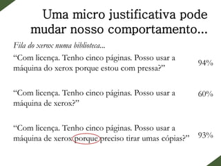 Uma micro justificativa pode
mudar nosso comportamento...
Fila do xerox numa biblioteca...
“Com licença. Tenho cinco páginas. Posso usar a
máquina do xerox porque estou com pressa?”
“Com licença. Tenho cinco páginas. Posso usar a
máquina de xerox?”
“Com licença. Tenho cinco páginas. Posso usar a
máquina de xerox porque preciso tirar umas cópias?”
94%
60%
93%
 