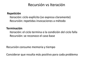 Repetición
Iteración: ciclo explícito (se expresa claramente)
Recursión: repetidas invocaciones a método
Terminación
Iteración: el ciclo termina o la condición del ciclo falla
Recursión: se reconoce el caso base
Recursión consume memoria y tiempo
Considerar que resulta más positivo para cada problema
Recursión vs Iteración
 