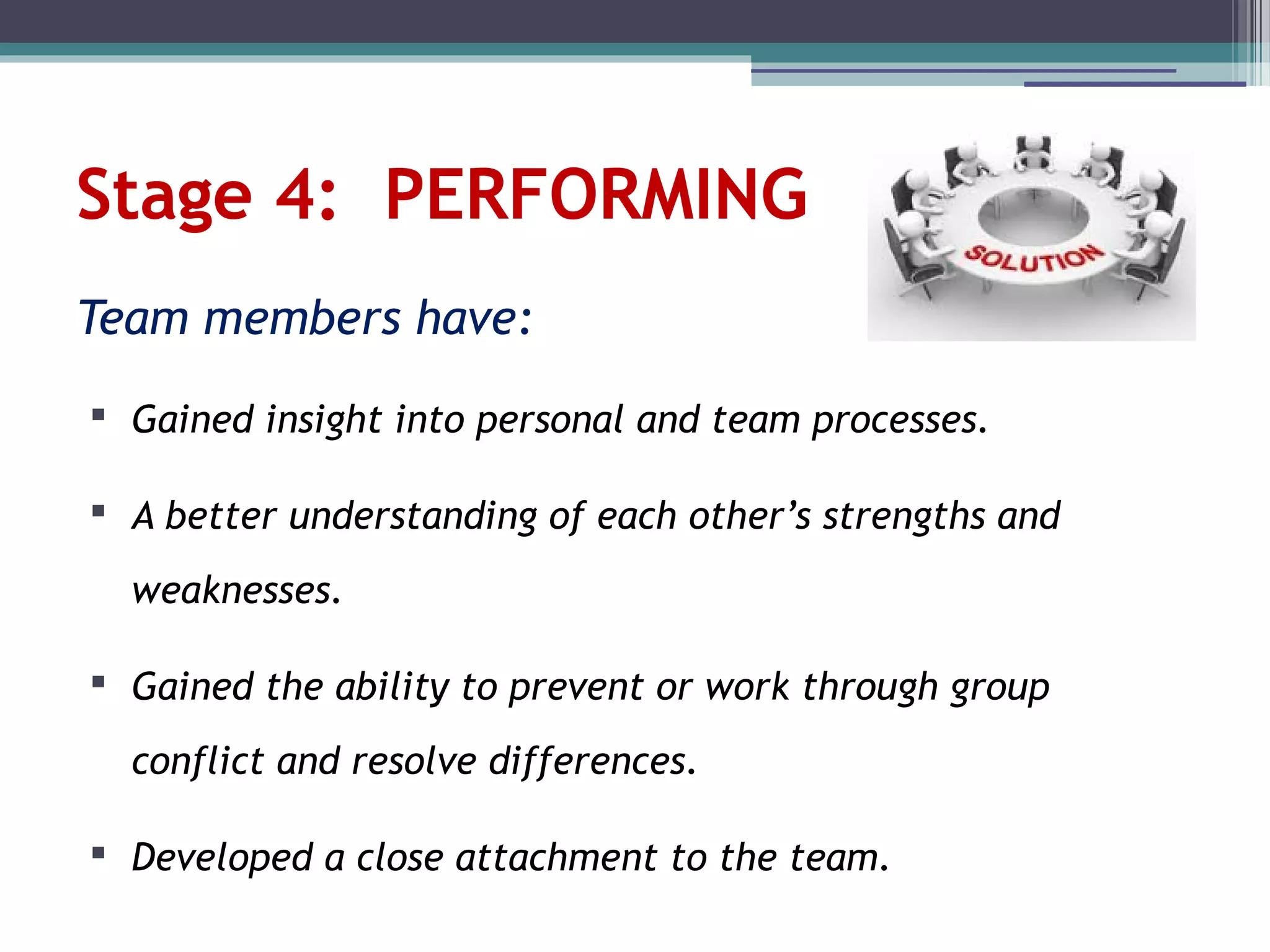 Stage 4: PERFORMING
Team members have:
 Gained insight into personal and team processes.
 A better understanding of each other’s strengths and
weaknesses.
 Gained the ability to prevent or work through group
conflict and resolve differences.
 Developed a close attachment to the team.
 
