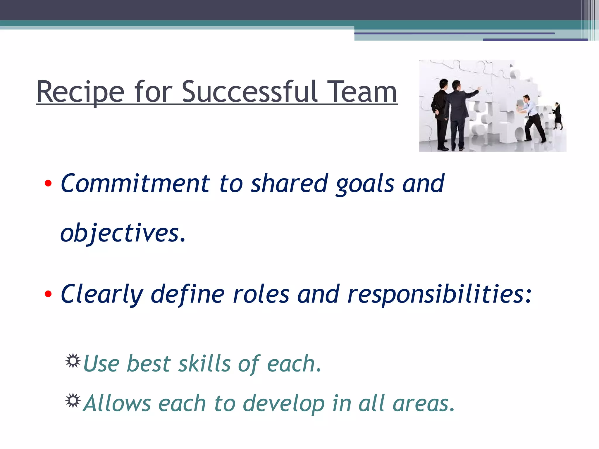 Recipe for Successful Team
• Commitment to shared goals and
objectives.
• Clearly define roles and responsibilities:
Use best skills of each.
Allows each to develop in all areas.
 