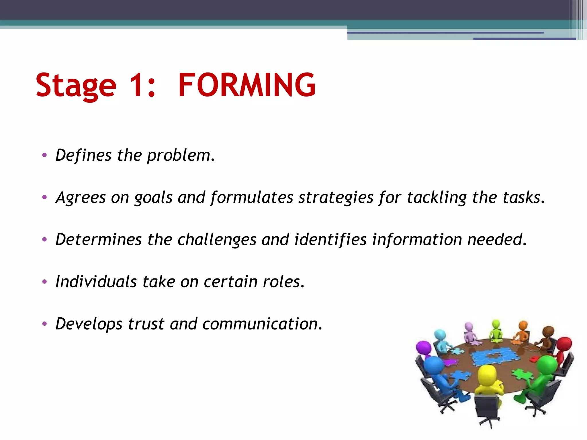 Stage 1: FORMING
• Defines the problem.
• Agrees on goals and formulates strategies for tackling the tasks.
• Determines the challenges and identifies information needed.
• Individuals take on certain roles.
• Develops trust and communication.
 
