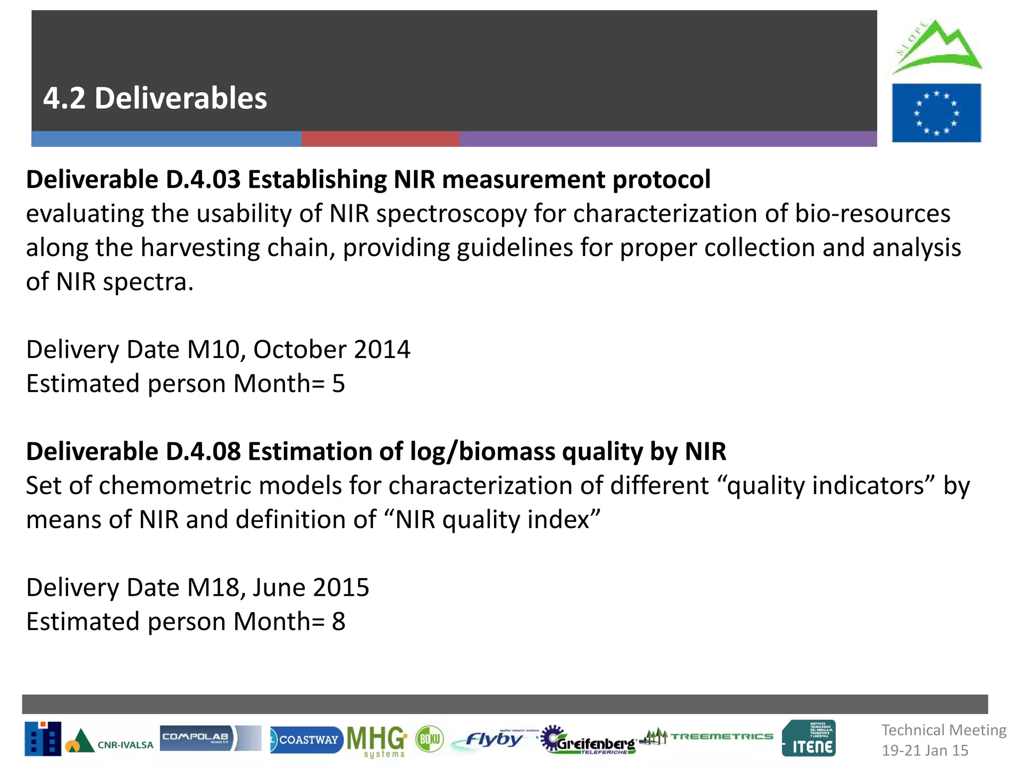 4.2 Deliverables
Deliverable D.4.03 Establishing NIR measurement protocol
evaluating the usability of NIR spectroscopy for characterization of bio-resources
along the harvesting chain, providing guidelines for proper collection and analysis
of NIR spectra.
Delivery Date M10, October 2014
Estimated person Month= 5
Deliverable D.4.08 Estimation of log/biomass quality by NIR
Set of chemometric models for characterization of different “quality indicators” by
means of NIR and definition of “NIR quality index”
Delivery Date M18, June 2015
Estimated person Month= 8
Technical Meeting
19-21 Jan 15
 