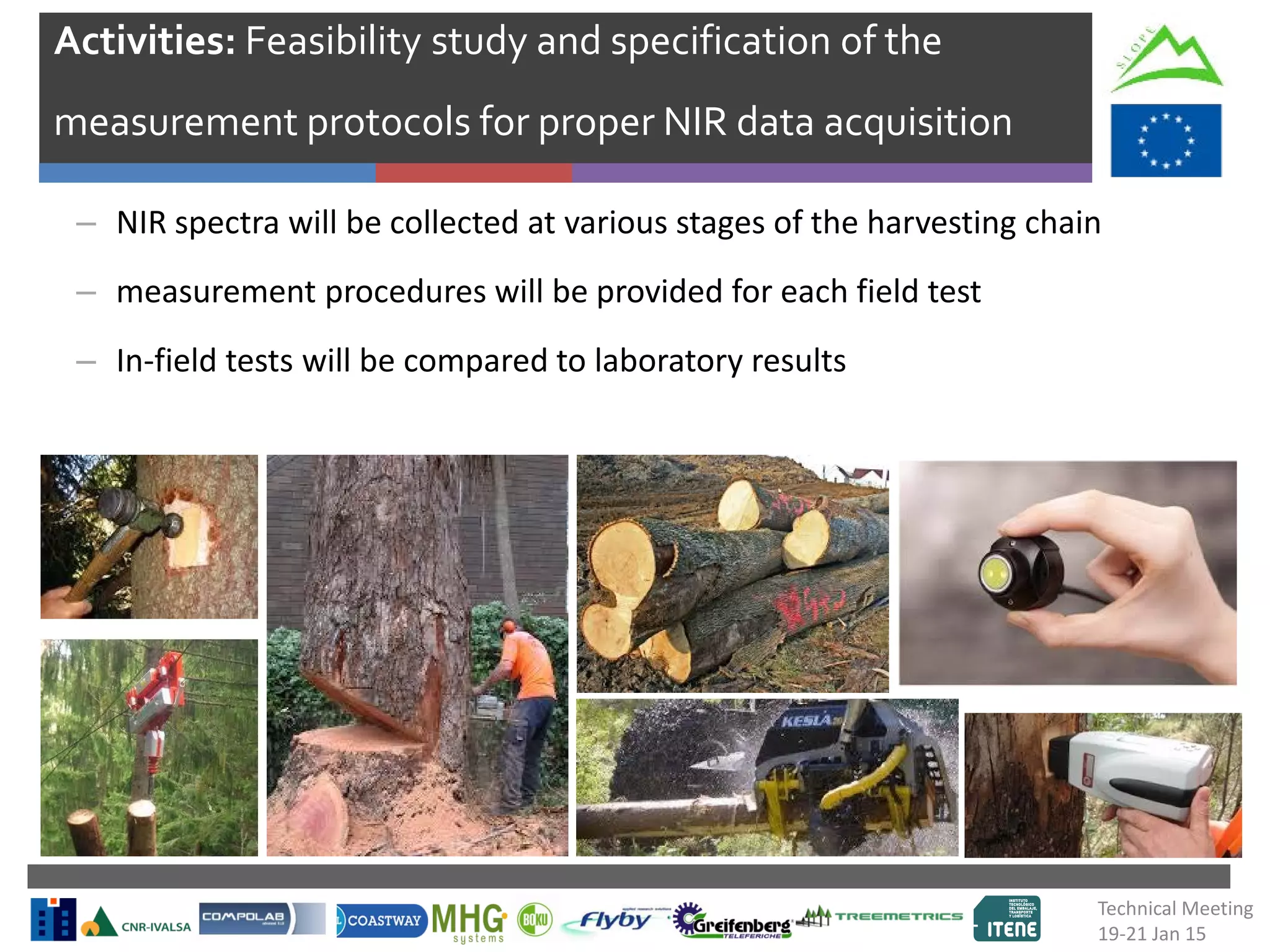 – NIR spectra will be collected at various stages of the harvesting chain
– measurement procedures will be provided for each field test
– In-field tests will be compared to laboratory results
Activities: Feasibility study and specification of the
measurement protocols for proper NIR data acquisition
Technical Meeting
19-21 Jan 15
 