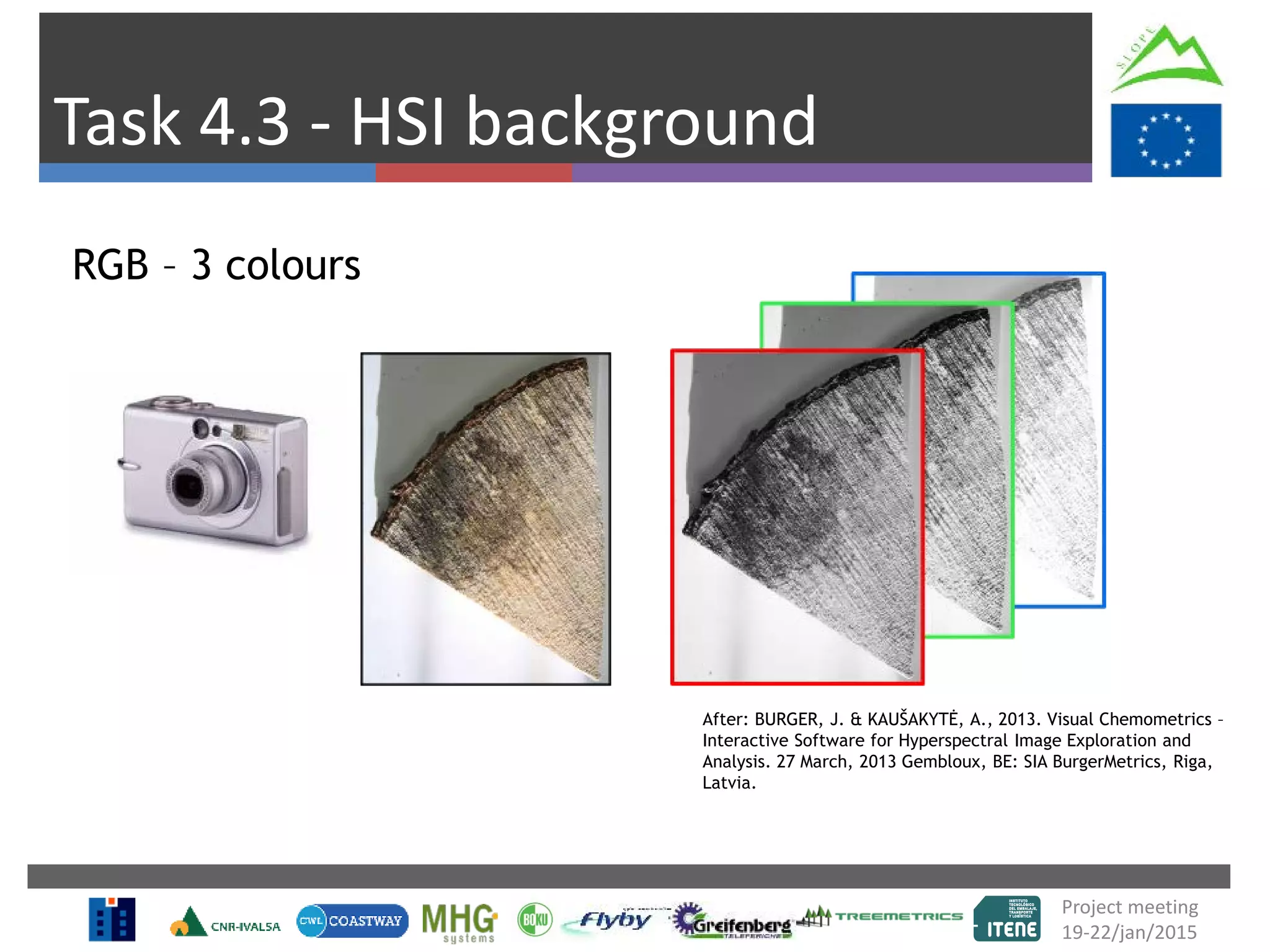 Task 4.3 - HSI background
RGB – 3 colours
Project meeting
19-22/jan/2015
After: BURGER, J. & KAUŠAKYTĖ, A., 2013. Visual Chemometrics –
Interactive Software for Hyperspectral Image Exploration and
Analysis. 27 March, 2013 Gembloux, BE: SIA BurgerMetrics, Riga,
Latvia.
 