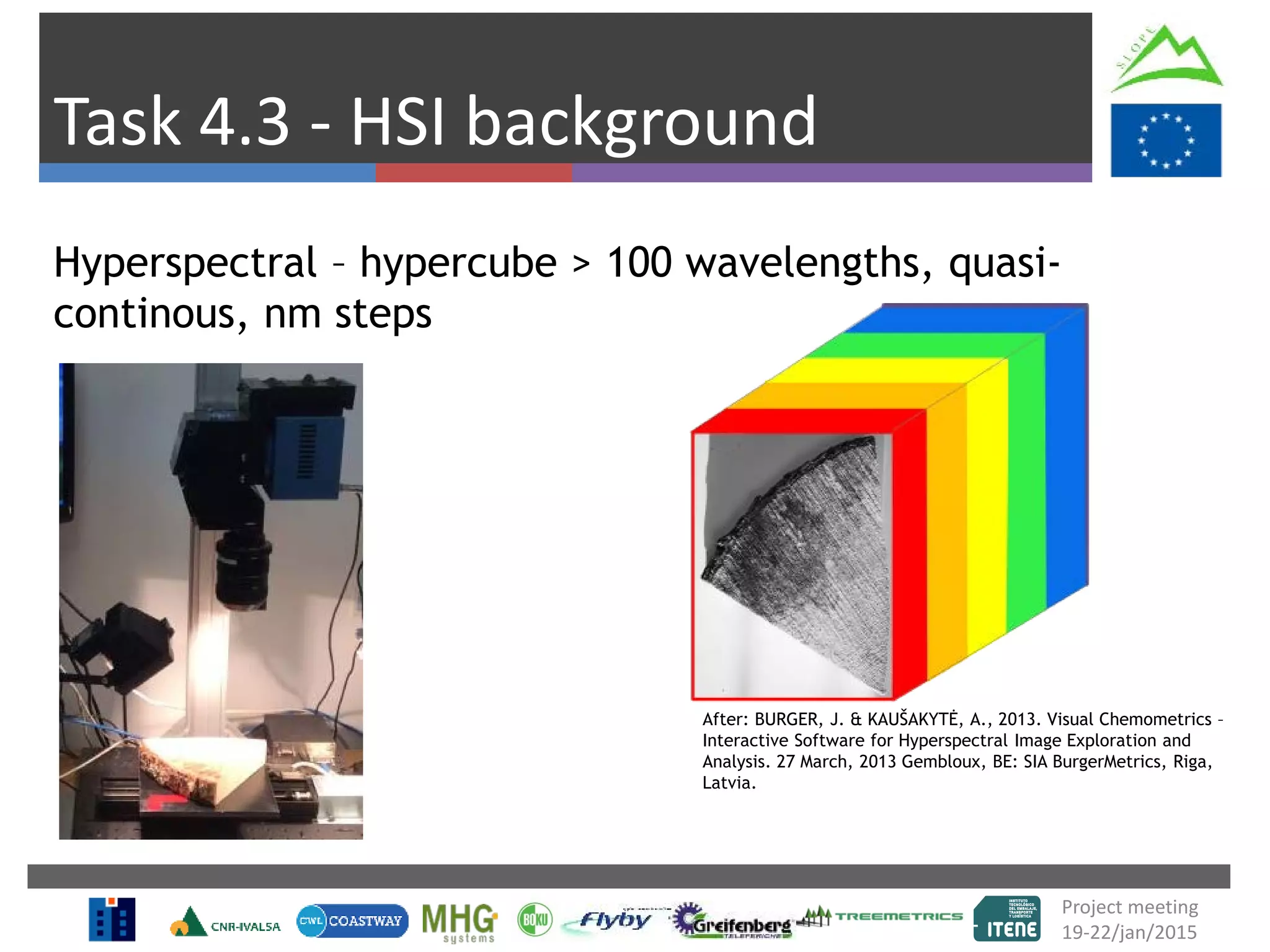 Task 4.3 - HSI background
Hyperspectral – hypercube > 100 wavelengths, quasi-
continous, nm steps
After: BURGER, J. & KAUŠAKYTĖ, A., 2013. Visual Chemometrics –
Interactive Software for Hyperspectral Image Exploration and
Analysis. 27 March, 2013 Gembloux, BE: SIA BurgerMetrics, Riga,
Latvia.
Project meeting
19-22/jan/2015
 