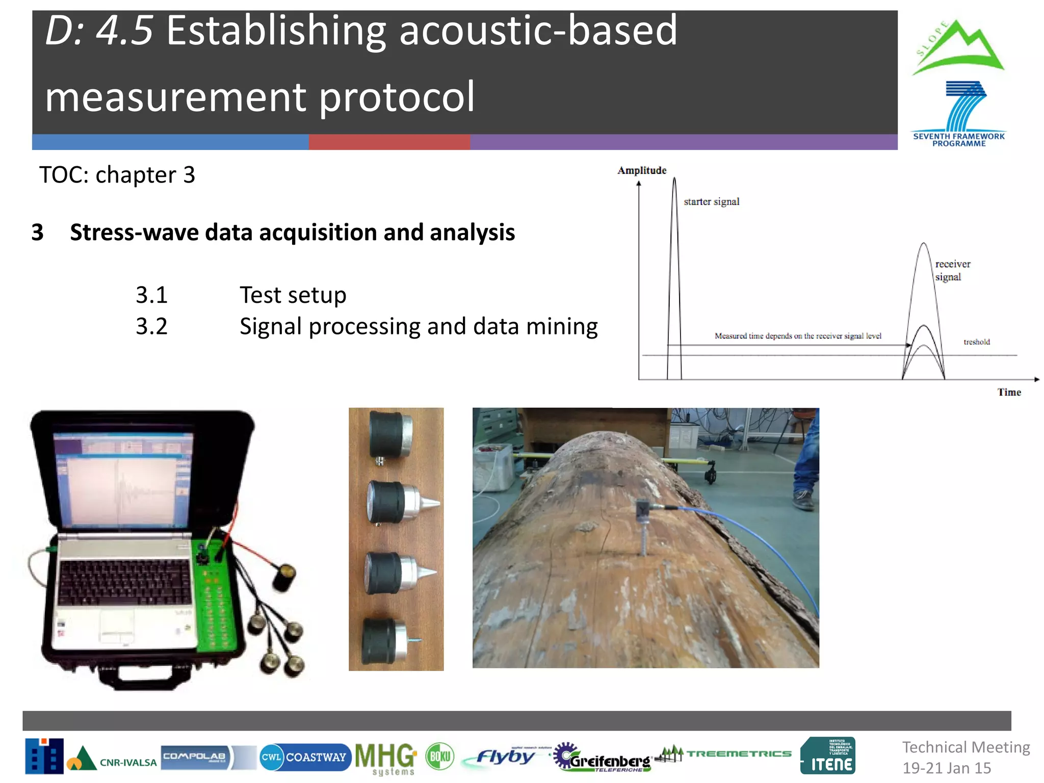 D: 4.5 Establishing acoustic-based
measurement protocol
TOC: chapter 3
3 Stress-wave data acquisition and analysis
3.1 Test setup
3.2 Signal processing and data mining
Technical Meeting
19-21 Jan 15
 