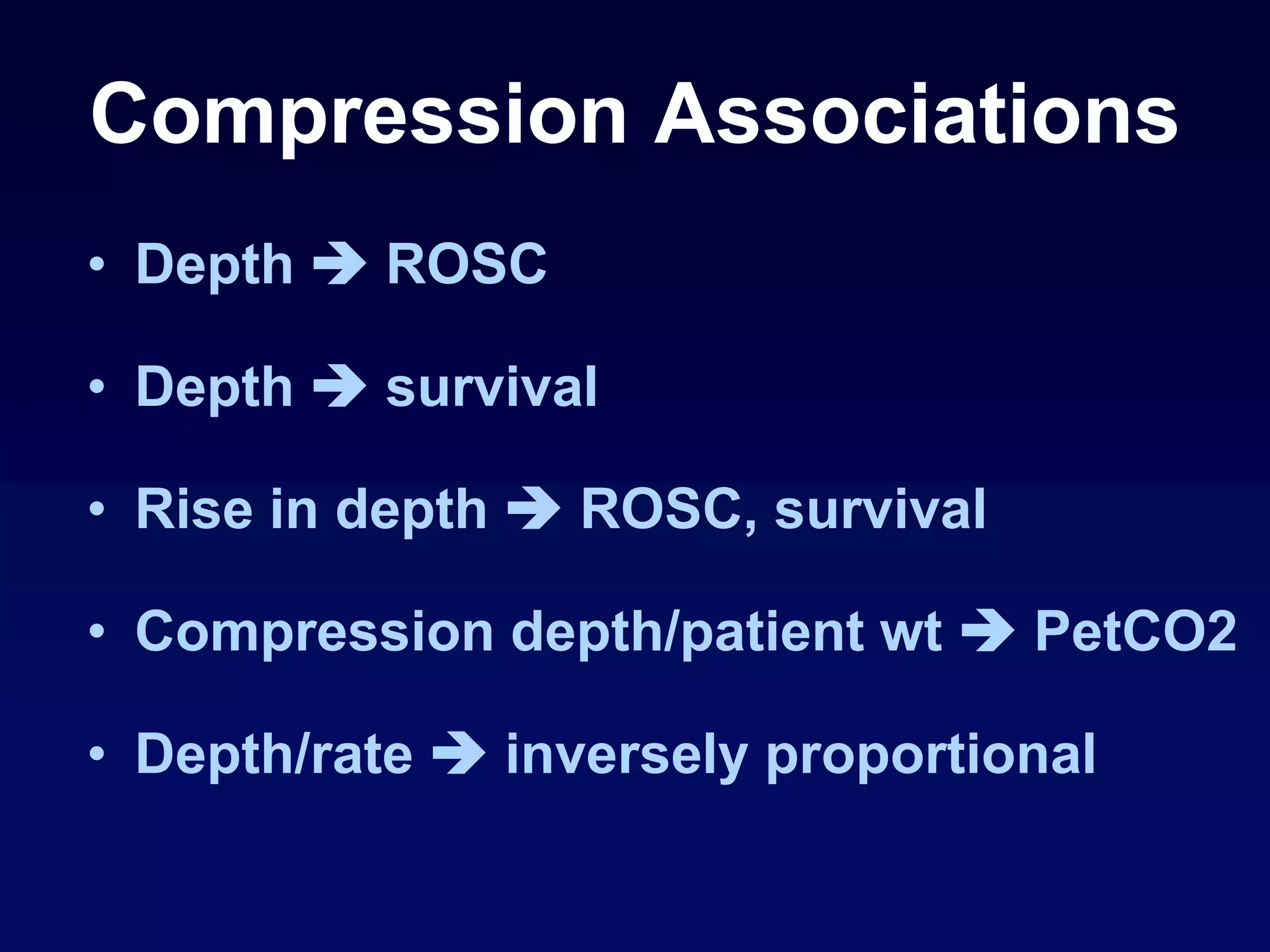 Compression Associations
• Depth  ROSC
• Depth  survival
• Rise in depth  ROSC, survival
• Compression depth/patient wt  PetCO2
• Depth/rate  inversely proportional
 