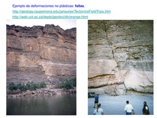 Ejemplo de deformaciones no plásticas: fallas.
http://geology.csupomona.edu/janourse/TectonicsFieldTrips.htm
http://web.uct.ac.za/depts/geolsci/dlr/orange.html




                                                                26
 