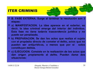 14/09/15 22:38 Abogado, Maestro y Candidato a
Doctor Enrique Bretón González
20
ITER CRIMINIS
 B. FASE EXTERNA. Surge al terminar la resolución son 3
etapas:
 a) MANIFESTACION. La idea aparece en el exterior, es
decir, la idea criminal emerge del interior del individuo.
Esta fase no tiene todavía trascendencia jurídica y no
puede ser penalizada.
 b) PREPARACION. Se dan los actos que realiza el sujeto
con el propósito directo de cometer el delito, actos que no
pueden ser antijurídicos, a menos que por si solos
constituyan delitos.
 c) EJECUCION. Consiste en la realización de los actos que
dan origen propiamente al delito. Pueden darse dos
situaciones:
 