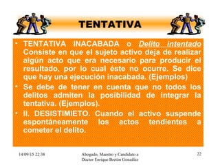 14/09/15 22:38 Abogado, Maestro y Candidato a
Doctor Enrique Bretón González
22
TENTATIVA
• TENTATIVA INACABADA o Delito intentado
Consiste en que el sujeto activo deja de realizar
algún acto que era necesario para producir el
resultado, por lo cual éste no ocurre. Se dice
que hay una ejecución inacabada. (Ejemplos)
• Se debe de tener en cuenta que no todos los
delitos admiten la posibilidad de integrar la
tentativa. (Ejemplos).
• II. DESISTIMIETO. Cuando el activo suspende
espontáneamente los actos tendientes a
cometer el delito.
 