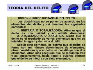 14/09/15 22:38 Abogado, Maestro y Candidato a
Doctor Enrique Bretón González
24
TEORIA DEL DELITO
NOCION JURIDICO SUSTANCIAL DEL DELITO
Los doctrinistas no se ponen de acuerdo en los
elementos del delito y así tenemos las siguientes
corrientes:
1. UNITARIA O TOTALIZADORA. Afirman que el
delito es una unidad y no admite divisiones:
2. ATOMIZADORA O ANALITICA. Dicen que el
delito es el resultado de varios elementos que en su
totalidad integran y dan vida al delito.
Según esta corriente, se estima que el delito se
forma con un número determinado de elementos,
otros consideran que el delito se constituye con dos
elementos, otros más aseguran que se requieren tres
y así sucesivamente, hasta llegar a quienes afirman
que el delito se integra con siete elementos.
 