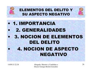 14/09/15 22:38 Abogado, Maestro y Candidato a
Doctor Enrique Bretón González
26
ELEMENTOS DEL DELITO Y
SU ASPECTO NEGATIVO
• 1. IMPORTANCIA
• 2. GENERALIDADES
• 3. NOCION DE ELEMENTOS
DEL DELITO
• 4. NOCION DE ASPECTO
NEGATIVO
 