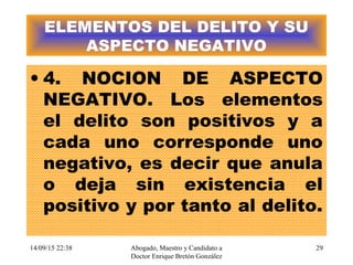 14/09/15 22:38 Abogado, Maestro y Candidato a
Doctor Enrique Bretón González
29
ELEMENTOS DEL DELITO Y SU
ASPECTO NEGATIVO
• 4. NOCION DE ASPECTO
NEGATIVO. Los elementos
el delito son positivos y a
cada uno corresponde uno
negativo, es decir que anula
o deja sin existencia el
positivo y por tanto al delito.
 
