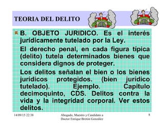 14/09/15 22:38 Abogado, Maestro y Candidato a
Doctor Enrique Bretón González
8
TEORIATEORIA DEL DELITO
B. OBJETO JURIDICO. Es el interés
jurídicamente tutelado por la Ley.
El derecho penal, en cada figura típica
(delito) tutela determinados bienes que
considera dignos de proteger.
Los delitos señalan el bien o los bienes
jurídicos protegidos. (bien jurídico
tutelado). Ejemplo. Capítulo
decimoquinto, CDS. Delitos contra la
vida y la integridad corporal. Ver estos
delitos.
 
