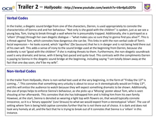 Trailer 2 – Hollyoaks - http://www.youtube.com/watch?v=Vbr4pEzZOTo
Verbal Codes
In the trailer, a diegetic sound bridge from one of the characters, Darren, is used appropriately to connote the
characteristics of Sienna and and her behaviour. “Not only is she good with the children” is spoken, just as we see a
young boy, Tom, trying to break through a wall where he is presumably trapped. Additionally, she is portrayed as a
‘villain’ (Propp) through her own diegetic dialogue – “what makes you so sure they’re gonna find you alive?”. This is
a threat against Tom, which connotes how dangerous she can be. This links in with the non-verbal code of Tom’s
facial expression – he looks scared, which ‘signifies’ (De Saussure) that he is in danger and is not being held there out
of his own will. This adds a sense of irony to the sound bridge used at the beginning from Darren, because she
evidently is not “good with the children” if she is making threats to them. Furthermore, the non-diegetic soundtrack
used is very dramatic and tense, with it being fast-paced and quite loud. This contrasts with the compliments Darren
is paying to Sienna in the diegetic sound bridge at the beginning, including saying “I am totally blown away at the
fact that one day soon, she’ll be my wife”.
Non-Verbal Codes
In the trailer from Hollyoaks, there is non-verbal text used at the very beginning, in the form of “Friday the 13th is
coming…”. This connotes that something very unlucky is about to occur as it stereotypically would on Friday 13th,
and this will entice the audience to watch because they will expect something dramatic to be shown. Additionally,
the use of props helps to enforce Sienna’s behaviour, as she picks up a ‘Missing’ poster about Tom, who is seen
shouting at her afterwards. This connotes that she has kidnapped him and is hiding him from his own family.
However, at the start, Sienna is denoted as wearing a light top with flowers on, that would typically connote
innocence, so it is a ‘binary opposite’ (Levi Strauss) to what we would expect from a stereotypical ‘villain’. The use of
setting where Tom is being held captive connotes further that he is not there out of choice. It is dark and does not
look very homely at all, and the fact that he is trying to break out of it connotes that Sienna is a ‘villain’ in this
instance.
 