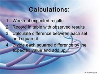Calculations:
1. Work out expected results
2. Record in table with observed results
3. Calculate difference between each set
   and square it
4. Divide each squared difference by the
   expected value and add up



                                      ALBIO9700/2006JK
 