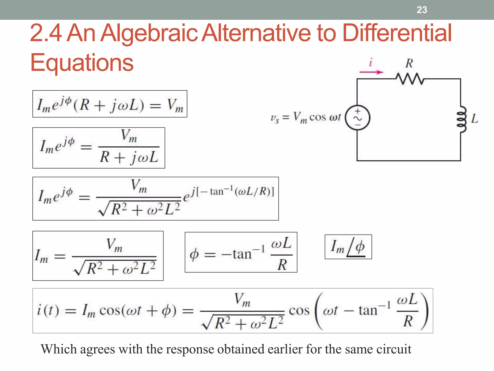 2.4An AlgebraicAlternative to Differential
Equations
23
Which agrees with the response obtained earlier for the same circuit
 