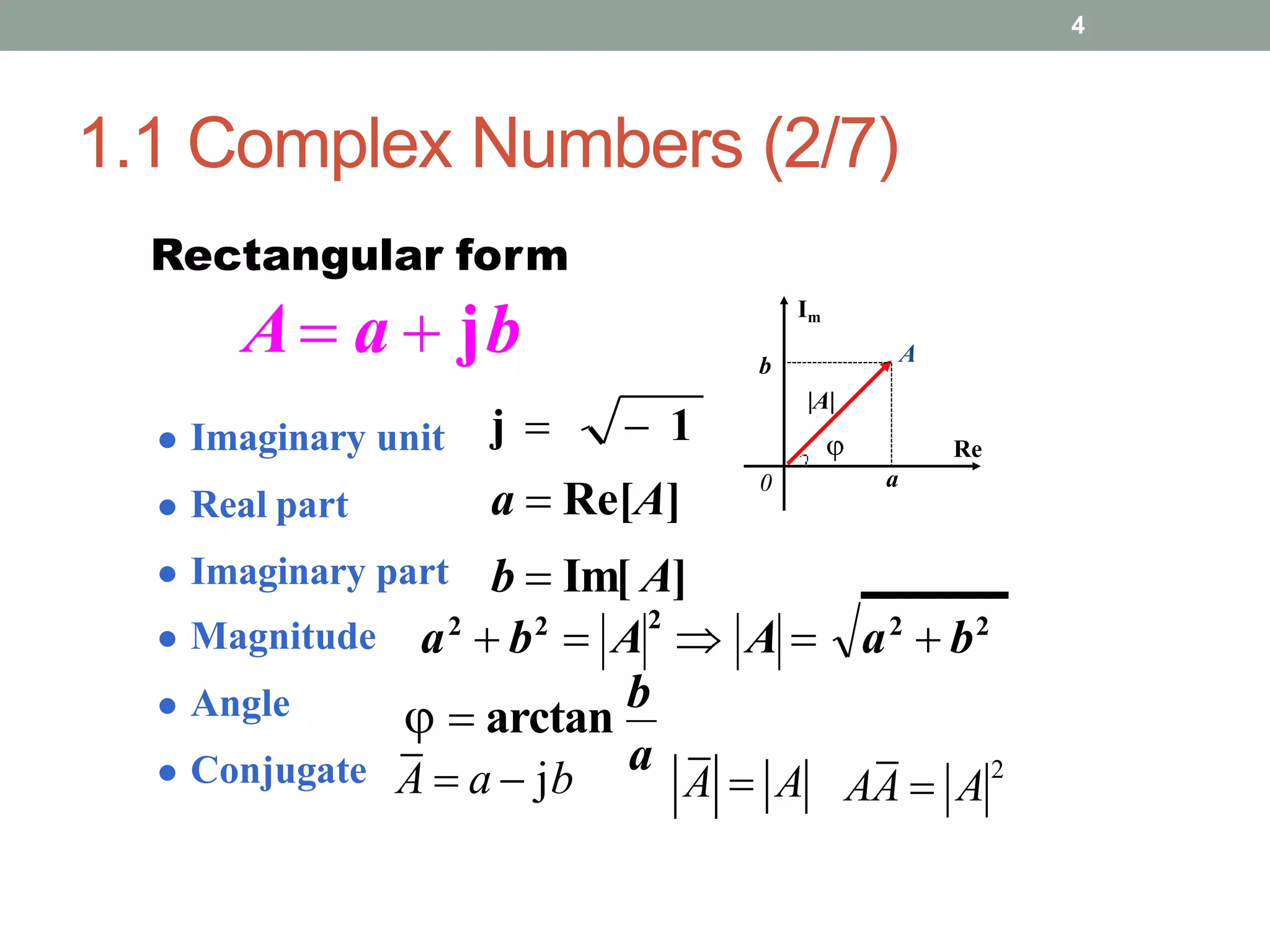 1.1 Complex Numbers (2/7)
4
Rectangular form
A a  jb
j   1
a  Re[A]
b  Im[ A]
a
b
Im
Re
0
|A|

A
 Imaginary unit
 Real part
 Imaginary part
 Magnitude
 Angle
 Conjugate
a2
 b2
 A
2
 A  a2
 b2
a
  arctan
b
A  a  jb A  A AA  A2
 