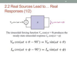 2.2 Real Sources Lead to… Real
Responses (1/2)
17
The sinusoidal forcing function Vm cos(ωt + θ) produces the
steady-state sinusoidal response Im cos(ωt + φ)
 