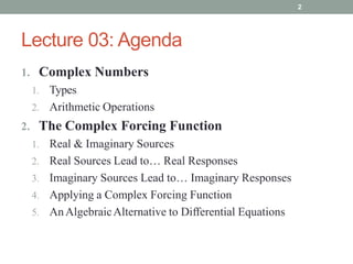 Lecture 03: Agenda
1. Complex Numbers
1. Types
2. Arithmetic Operations
2. The Complex Forcing Function
1. Real & Imaginary Sources
2. Real Sources Lead to… Real Responses
3. Imaginary Sources Lead to… Imaginary Responses
4. Applying a Complex Forcing Function
5. AnAlgebraicAlternative to Differential Equations
2
 