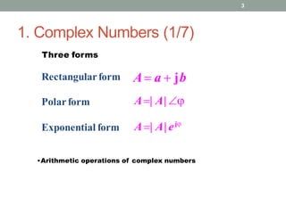 1. Complex Numbers (1/7)
3
Rectangularform
Polar form
Exponential form
A a  jb
A| A|
A| A| ej
Three forms
•Arithmetic operations of complex numbers
 