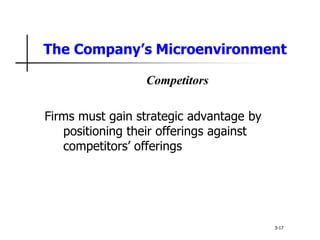 The Company’s Microenvironment
Competitors
Firms must gain strategic advantage by
positioning their offerings against
competitors’ offerings
3-17
 