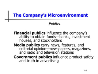 The Company’s Microenvironment
Publics
Financial publics influence the company’s
ability to obtain funds—banks, investment
houses, and stockholders
Media publics carry news, features, and
editorial opinion—newspapers, magazines,
and radio and television stations
Government publics influence product safety
and truth in advertising
3-19
 