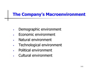 The Company’s Macroenvironment
• Demographic environment
• Economic environment
• Natural environment
• Technological environment
• Political environment
• Cultural environment
3-21
 