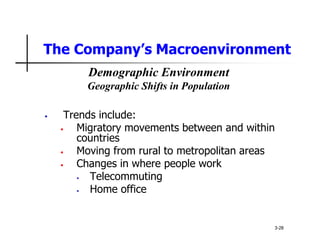 The Company’s Macroenvironment
• Trends include:
• Migratory movements between and within
countries
• Moving from rural to metropolitan areas
• Changes in where people work
• Telecommuting
• Home office
3-28
Demographic Environment
Geographic Shifts in Population
 