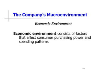 The Company’s Macroenvironment
Economic Environment
Economic environment consists of factors
that affect consumer purchasing power and
spending patterns
3-31
 