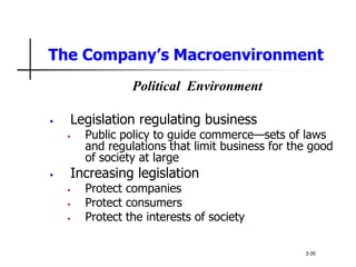 The Company’s Macroenvironment
Political Environment
• Legislation regulating business
• Public policy to guide commerce—sets of laws
and regulations that limit business for the good
of society at large
• Increasing legislation
• Protect companies
• Protect consumers
• Protect the interests of society
3-39
 