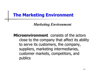 The Marketing Environment
Marketing Environment
Microenvironment consists of the actors
close to the company that affect its ability
to serve its customers, the company,
suppliers, marketing intermediaries,
customer markets, competitors, and
publics
3-5
 