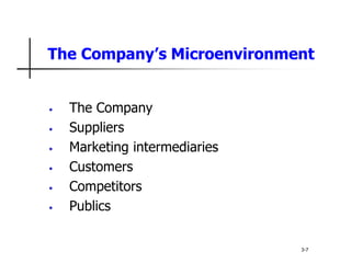 The Company’s Microenvironment
• The Company
• Suppliers
• Marketing intermediaries
• Customers
• Competitors
• Publics
3-7
 
