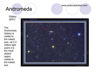 Andromeda www.scienceandart.com Galaxy (M31) The Andromeda Galaxy is visible to the naked eye—at 2.3 million light years it is the most distant object visible to the naked eye 