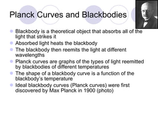 Planck Curves and Blackbodies Blackbody is a theoretical object that absorbs all of the light that strikes it Absorbed light heats the blackbody The blackbody then reemits the light at different wavelengths Planck curves are graphs of the types of light reemitted by blackbodies of different temperatures The shape of a blackbody curve is a function of the blackbody’s temperature Ideal blackbody curves (Planck curves) were first discovered by Max Planck in 1900 (photo) 
