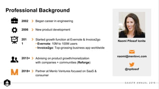 Professional Background
201
1
2002
2006
2018+
2013+
naomi@menlovc.com
@npilosof
Started growth function at Evernote & Invoice2go
• Evernote: 10M to 100M users
• Invoice2go: Top-grossing business app worldwide
Began career in engineering
New product development
Partner at Menlo Ventures focused on SaaS &
consumer
Advising on product growth/monetization
with companies + communities (Reforge)
Naomi Pilosof Ionita
 