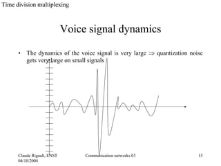 Time division multiplexing



                             Voice signal dynamics

      •   The dynamics of the voice signal is very large ⇒ quantization noise
          gets very large on small signals




      Claude Rigault, ENST        Communication networks 03                15
      04/10/2004
 