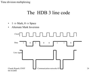 Time division multiplexing



                              The HDB 3 line code

      • 1 ⇒ Mark, 0 ⇒ Space
      • Alternate Mark Inversion

             Clock



             Data         1    0   1         0     0        1      1   0




            Line signal




      Claude Rigault, ENST             Communication networks 03           24
      04/10/2004
 