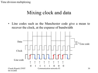 Time division multiplexing



                             Mixing clock and data

      • Line codes such as the Manchester code give a mean to
        recover the clock, at the expanse of bandwidth



                Data
                                                                      Line code

               Clock


            Line code

                              0   1    1     1    1    0    0     0
      Claude Rigault, ENST            Communication networks 03              30
      04/10/2004
 