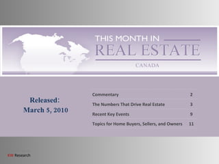 Released: March 5, 2010 Commentary 2 The Numbers That Drive Real Estate 3 Recent Key Events 9 Topics for Home Buyers, Sellers, and Owners 11 