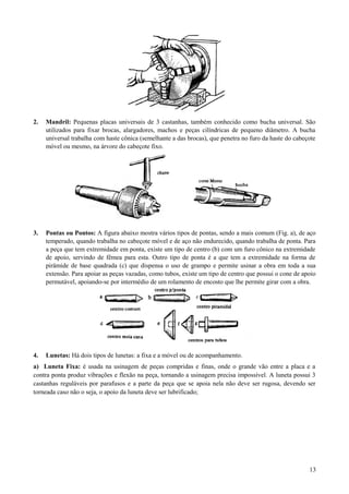2. Mandril: Pequenas placas universais de 3 castanhas, também conhecido como bucha universal. São
utilizados para fixar brocas, alargadores, machos e peças cilíndricas de pequeno diâmetro. A bucha
universal trabalha com haste cônica (semelhante a das brocas), que penetra no furo da haste do cabeçote
móvel ou mesmo, na árvore do cabeçote fixo.
3. Pontas ou Pontos: A figura abaixo mostra vários tipos de pontas, sendo a mais comum (Fig. a), de aço
temperado, quando trabalha no cabeçote móvel e de aço não endurecido, quando trabalha de ponta. Para
a peça que tem extremidade em ponta, existe um tipo de centro (b) com um furo cônico na extremidade
de apoio, servindo de fêmea para esta. Outro tipo de ponta é a que tem a extremidade na forma de
pirâmide de base quadrada (c) que dispensa o uso de grampo e permite usinar a obra em toda a sua
extensão. Para apoiar as peças vazadas, como tubos, existe um tipo de centro que possui o cone de apoio
permutável, apoiando-se por intermédio de um rolamento de encosto que lhe permite girar com a obra.
4. Lunetas: Há dois tipos de lunetas: a fixa e a móvel ou de acompanhamento.
a) Luneta Fixa: é usada na usinagem de peças compridas e finas, onde o grande vão entre a placa e a
contra ponta produz vibrações e flexão na peça, tornando a usinagem precisa impossível. A luneta possui 3
castanhas reguláveis por parafusos e a parte da peça que se apoia nela não deve ser rugosa, devendo ser
torneada caso não o seja, o apoio da luneta deve ser lubrificado;
13
 
