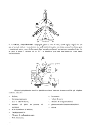 b) Luneta de Acompanhamento: é empregada, presa ao carro do torno, quando a peça longa e fina tem
que ser usinada em todo o comprimento, não sendo suficiente o apoio com luneta comum. Essa luneta apoia
a peça durante todo o avanço da ferramenta. Esta luneta é semelhante à luneta comum, mas além de ser fixa
ao carro, só possui 2 castanhas em vez de 3. Se necessário, pode usar uma luneta fixa e uma móvel
simultaneamente.
Além dos componentes e acessórios apresentados, existe mais uma série de acessórios que compõem
um torno, entre eles:
¬ Volante;
¬ Caixa de engrenagens;
¬ Eixo do cabeçote móvel;
¬ Alavanca de aperto do parafuso de
ajustagem;
¬ Mancais da árvore de trabalho;
¬ Caixa de mudanças;
¬ Alavanca de mudança de avanço;
¬ Porta ferramenta;
¬ Ferramenta;
¬ volante do carro;
¬ alavanca do avanço automático;
¬ punho do avanço automático transversal;
¬ espera.
14
 