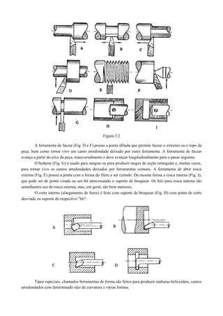 Figura 3.2
A ferramenta de facear (Fig. D e F) possui a ponta afilada que permite facear o extremo ou o topo da
peça, bem como tornar vivo um canto arredondado deixado por outra ferramenta. A ferramenta de facear
avança a partir do eixo da peça, transversalmente e deve avançar longitudinalmente para o passe seguinte.
O bedame (Fig. G) é usado para sangrar ou para produzir rasgos de seção retangular e, muitas vezes,
para tornar vivo os cantos arredondados deixados por ferramentas comuns. A ferramenta de abrir rosca
externa (Fig. E) possui a ponta com a forma do filete a ser cortado. Da mesma forma a rosca interna (Fig. I),
que pode ser de ponta virada ou um bit atravessando o suporte de broquear. Os bits para rosca interna são
semelhantes aos de rosca externa, mas, em geral, são bem menores.
O corte interno (alargamento de furos) é feito com suporte de broquear (Fig. H) com ponta de corte
desviada ou suporte do respectivo "bit".
Tipos especiais, chamados ferramentas de forma são feitos para produzir ranhuras helicoidais, cantos
arredondados com determinado raio de curvatura e várias formas.
 