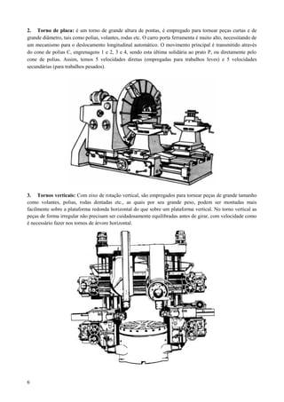 2. Torno de placa: é um torno de grande altura de pontas, é empregado para tornear peças curtas e de
grande diâmetro, tais como polias, volantes, rodas etc. O carro porta ferramenta é muito alto, necessitando de
um mecanismo para o deslocamento longitudinal automático. O movimento principal é transmitido através
do cone de polias C, engrenagens 1 e 2, 3 e 4, sendo esta última solidária ao prato P, ou diretamente pelo
cone de polias. Assim, temos 5 velocidades diretas (empregadas para trabalhos leves) e 5 velocidades
secundárias (para trabalhos pesados).
3. Tornos verticais: Com eixo de rotação vertical, são empregados para tornear peças de grande tamanho
como volantes, polias, rodas dentadas etc., as quais por seu grande peso, podem ser montadas mais
facilmente sobre a plataforma redonda horizontal do que sobre um plataforma vertical. No torno vertical as
peças de forma irregular não precisam ser cuidadosamente equilibradas antes de girar, com velocidade como
é necessário fazer nos tornos de árvore horizontal.
6
 