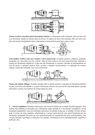 Tornos revólver com placa porta ferramenta frontal: As ferramentas estão colocadas sobre um disco de
eixo horizontal, situado na mesma altura da árvore. O suporte do disco está colocado sobre um carro com
dois movimentos longitudinais sobre o barramento e transversal do porta disco sobre o carro;
Com tambor revólver com eixo vertical e carro transversal: O tambor revólver, cilíndrico, quadrado,
hexagonal, etc., gira sobre um eixo vertical. Além da torre, pode ter um carro transversal para aumentar o
número de ferramentas disponíveis. Cada uma das ferramentas se encontra colocada no prolongamento do
eixo da árvore e, portanto, pode-se furar, escariar e rosquear sucessivamente. As operações de tornear,
sangrar e facear são realizadas com o carro transversal.
Torno com tambor oblíquo: O tambor girando sobre si mesmo permite a colocação da ferramenta defronte
da peça com maior comodidade e, ao girar a ferramenta, descreve um cone de 90°, passando desde a posição
horizontal à vertical, sem esbarrar nas demais partes do carro.
5. Tornos copiadores: Permitem obter peças com forma de sólidos de revolução de perfil qualquer. Para
realizar estes trabalhos é necessário que a ferramenta esteja animada de 2 movimentos simultâneos: um de
translação longitudinal e outro de translação transversal, em relação à peça que se trabalha. O torno comum
pode se tornar um torno copiador, substituindo-se o avanço transversal do carro porta ferramenta por um
mecanismo apropriado. Do ponto de vista operacional pode ser considerado um torno semiautomático, uma
vez que colocado o protótipo e o elemento a ser usinado, a ferramenta se move automaticamente, seguindo o
perfil até o fim.
8
 