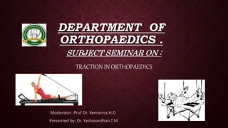 DEPARTMENT OF
ORTHOPAEDICS .
SUBJECT SEMINAR ON :
TRACTION IN ORTHOPAEDICS
Moderator: Prof Dr. Veeranna.H.D
Presented by: Dr. Yashavardhan.T.M
 