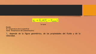 Ts>Tamb
Donde:
Ts: temperatura de la superficie
Tamb: Temperatura del ambiente(aire)
ത
ℎ𝑐 depende de la figura geométrica, de las propiedades del fluido y de la
velocidad.
𝑞𝑐 = ത
ℎ𝑐𝐴 𝑇𝑠 − 𝑇𝑎𝑚𝑏
 